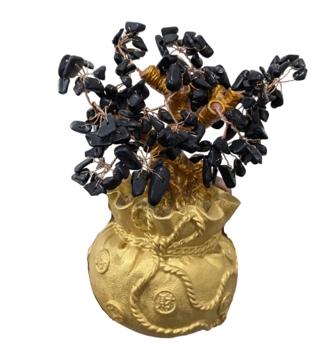 Crystal Tree Decor Natural Crystal Money Tree Ornament with Base for Good Luck, Wealth& Prosperity- Home Office Decor Spiritual Gift (Black)