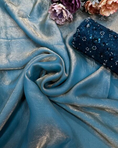 Women's Lustrous Teal Tissue Silk Saree with All-Over Sequin Embellished Blouse Piece