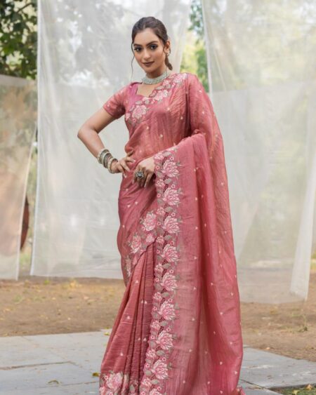 Women's Pristine White Organza Saree with Exquisite Pink & Green Floral Thread Embroidery – Complete with Matching Embroidered Blouse for Festive & Summer Wear