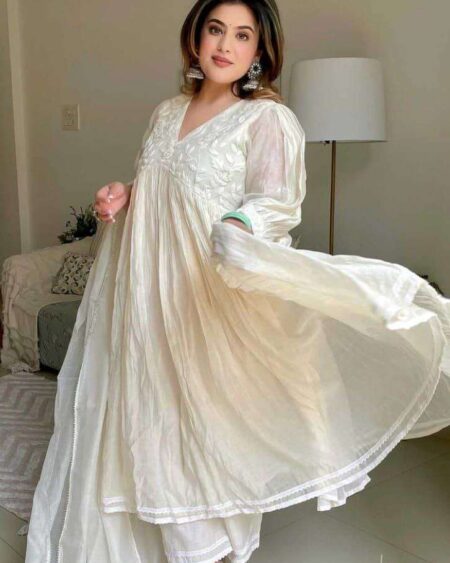 Women's Chanderi Silk Embroidered Anarkali Kurti With Pant and Dupatta