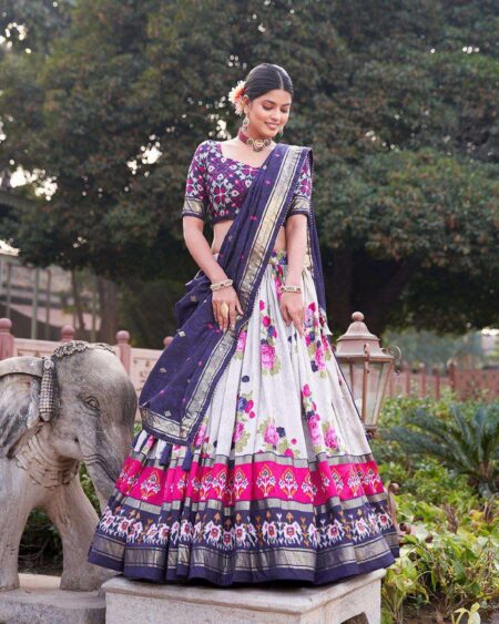 Women's Patola Print Tussar Silk Lehenga Choli Dupatta Set