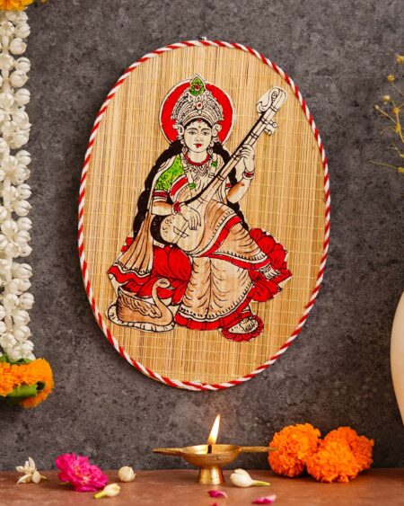 Oval Shaped Design Bamboo Hand Crafted Wall Hangings Of Godess Sarwasti Ji For Home Decor