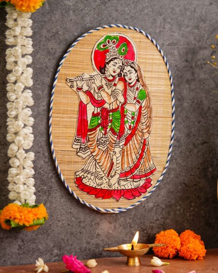 Oval Shaped Design Bamboo Hand Crafted Wall Hangings Of Krishna Ji With Radha Ji For Home Decor | Bamboo Art For Wall Decor